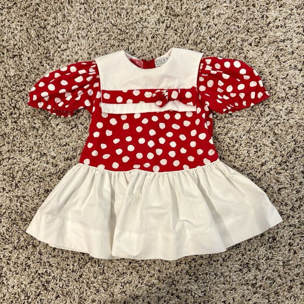 Vintage Ruth of Carolina Girls Red + White Square Collared Dress 2T Puff Sleeves